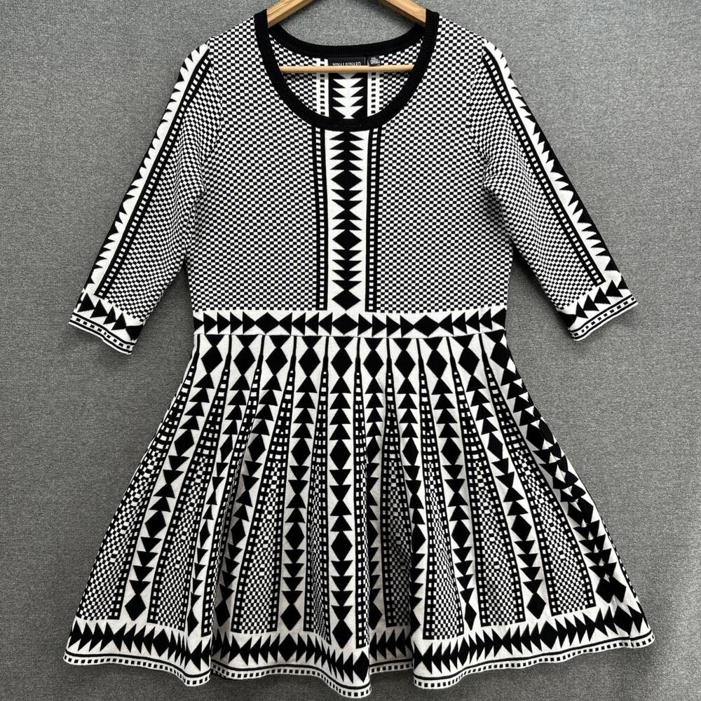 Nina Leonard Sweater Dress Women 2XL Black White Geometric Long Sleeve Knit Warm